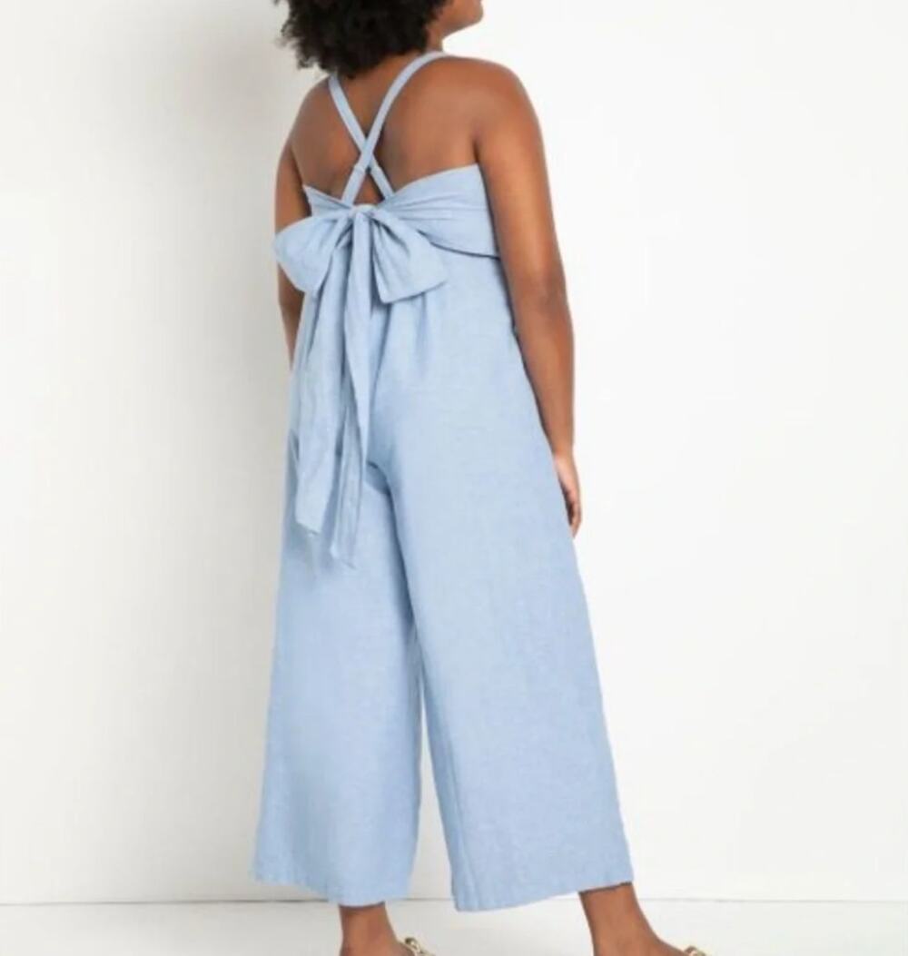ELOQUII Chambray Linen Cross Back Wide Leg Crop Jumpsuit 16 NEW *flaw
